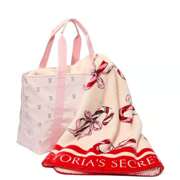 VICTORIA SECRET 2025 RHINESTONES TOTE & COZY RIBBON/CANDY CANE SHERPA BLANKET